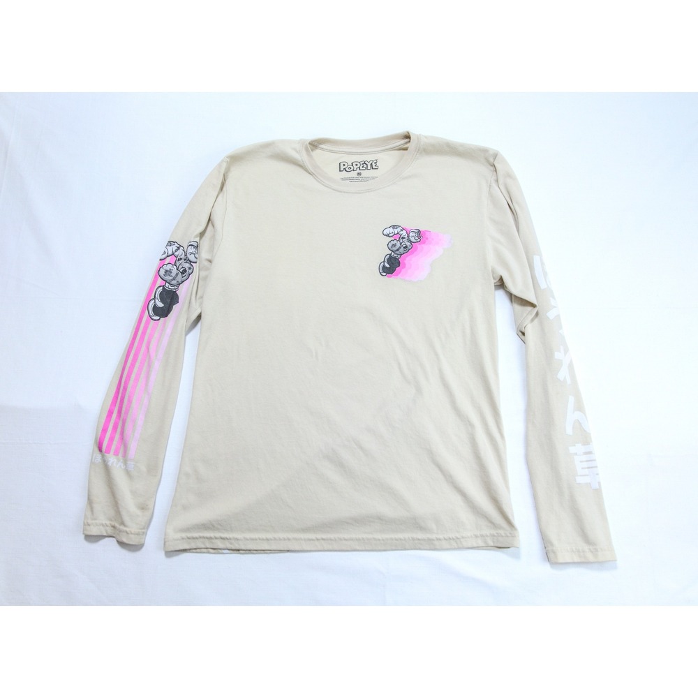Popeye the Sailor Man Long Sleeve Graphic Tee Tan Pink Japanese Kanji Mens M